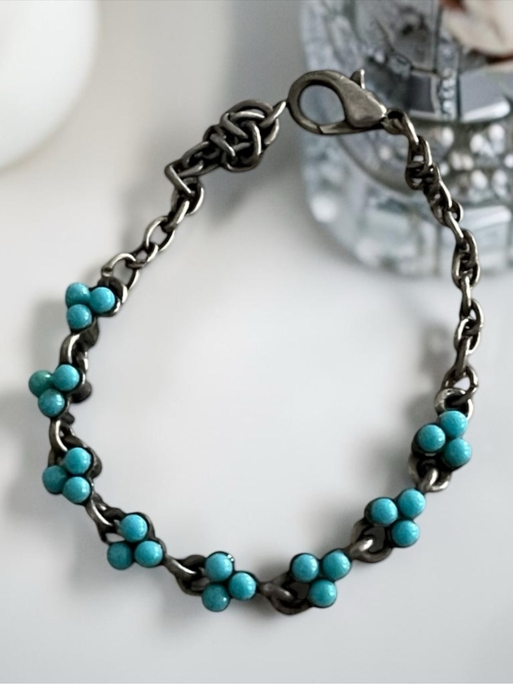 Turquoise Bead Floral Chain Bracelet - Women Jewelry - Picture 3 of 7